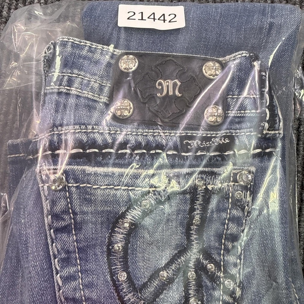 MISS ME Jeans womens 26x32 low rise Boot Peace Sign Rhinestone Y2K embelished - Picture 11 of 11